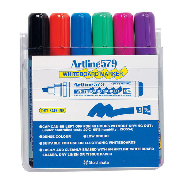 Artline 579 Whiteboard Marker 5mm Chisel Assorted Wallet of 6