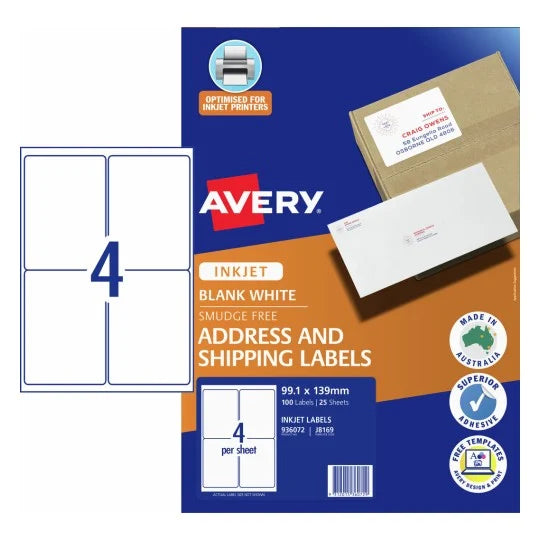 Avery Inkjet Label J8169 4UP Pack Of 25