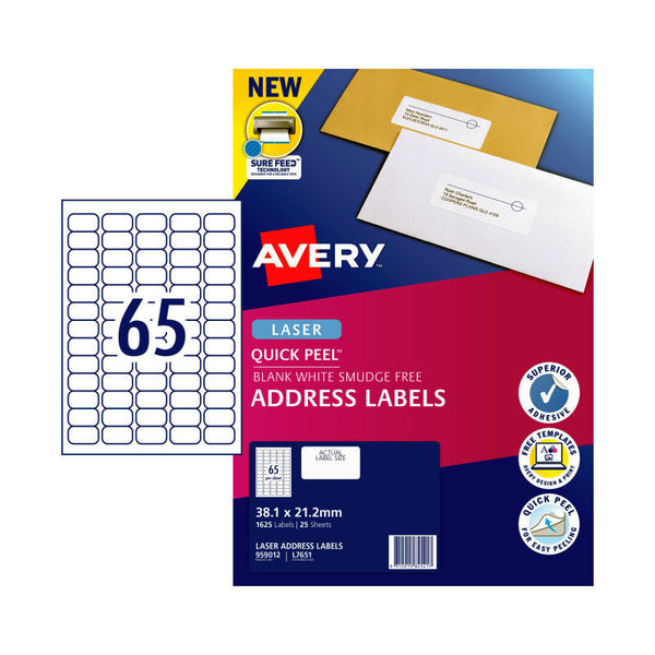 Avery Laser Label L7651 65Up Pack Of 25