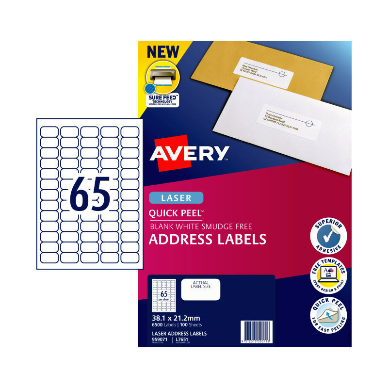 Avery Laser Label Qp L7651 65L Pack Of 100
