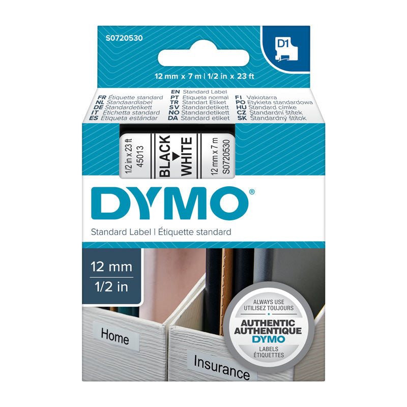 D1 Black On White 12mmx7m Tape