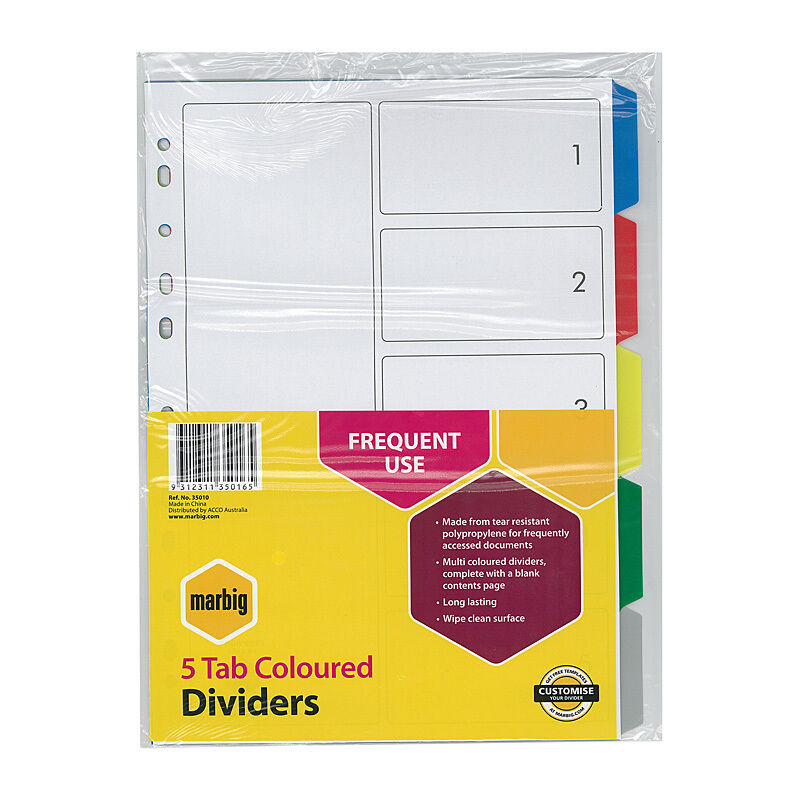 Marbig Divdr Multifunction Colour Polypropylene A4 5Tab