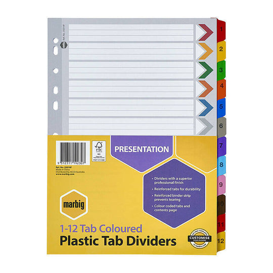 Marbig Divider Reinforced Brd Colour A4 1-12Tab