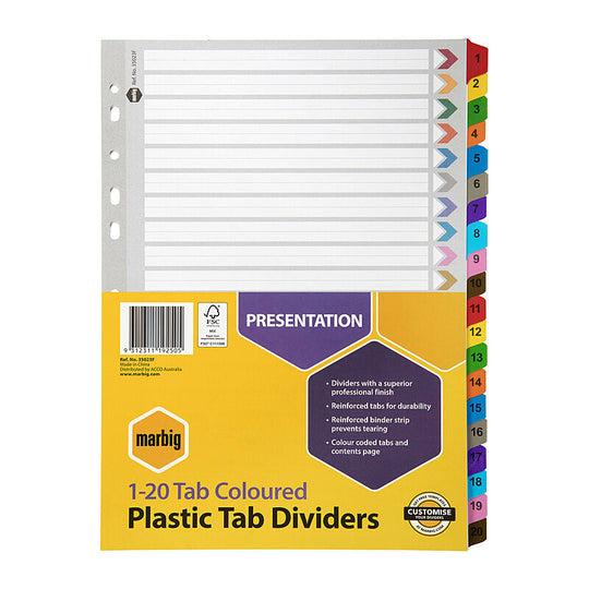 Marbig Divider Reinforced Brd Colour A4 1-20Tab