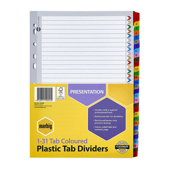 Marbig Divider Reinforced Brd Colour A4 1-31Tab
