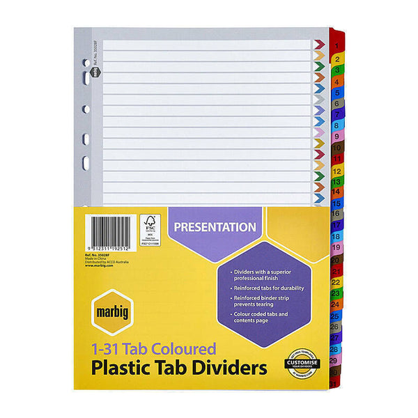 Marbig Divider Reinforced Brd Colour A4 1-31Tab