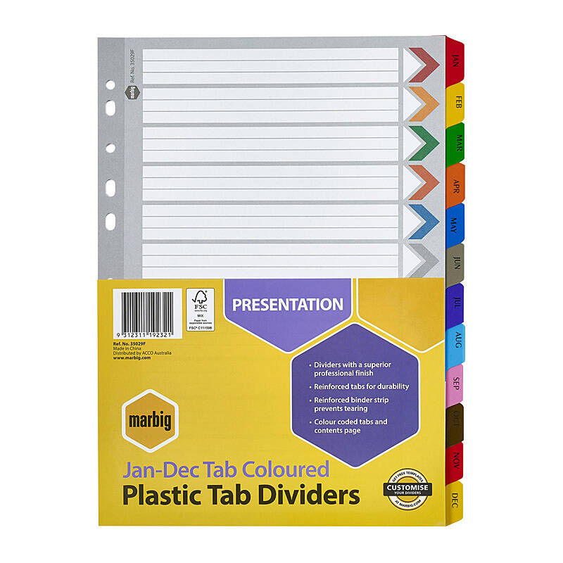 Marbig Divider Reinforced Brd Colour A4 Jan-Dec
