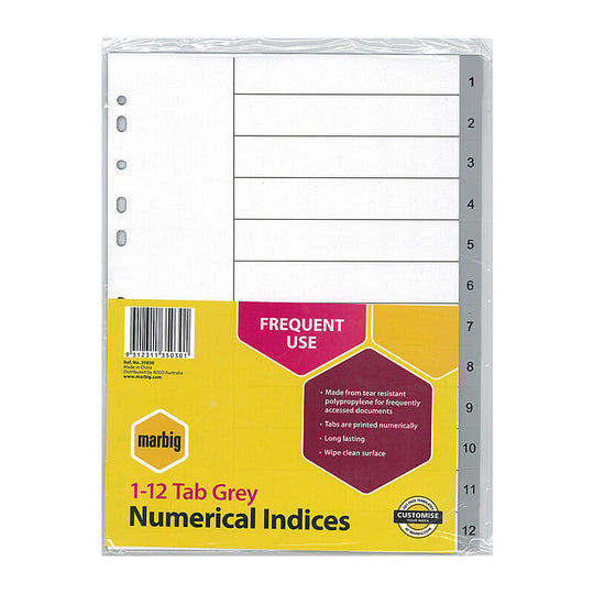 Marbig Indices Grey Polypropylene A4 1-12Tab