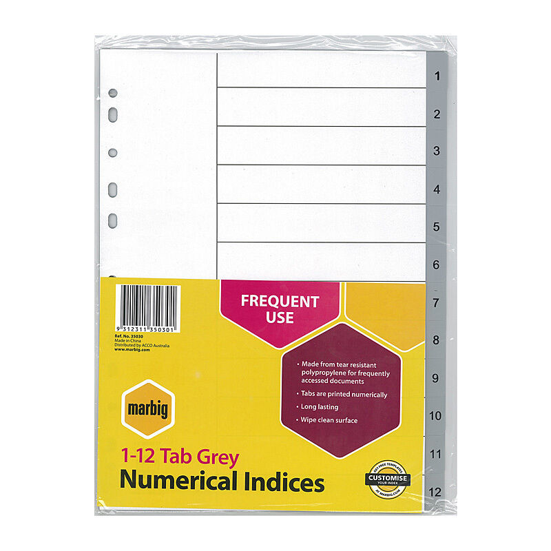 Marbig Indices Grey Polypropylene A4 1-12Tab