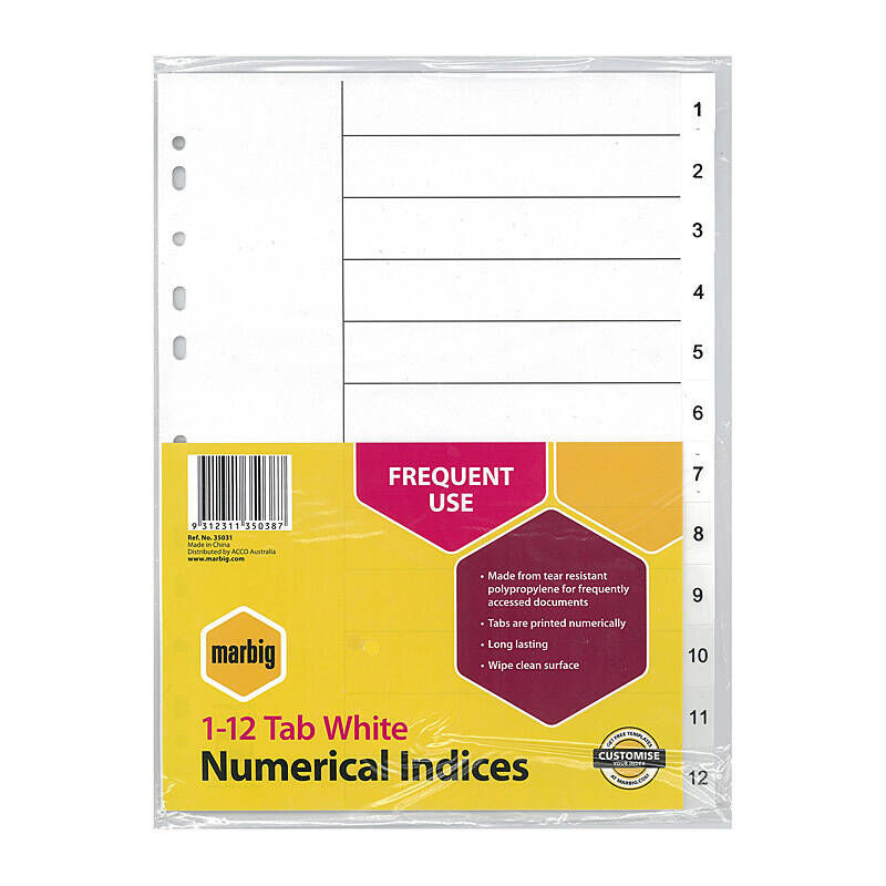 Marbig Indices White Polypropylene A4 1-12Tab