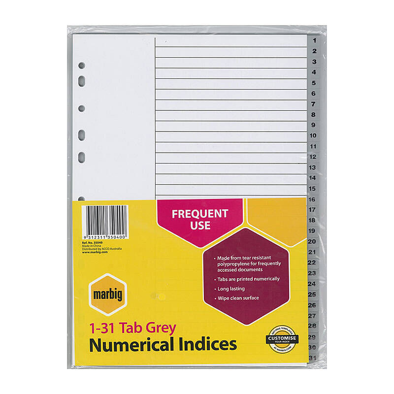 Marbig Indices Grey Polypropylene A4 1-31Tab