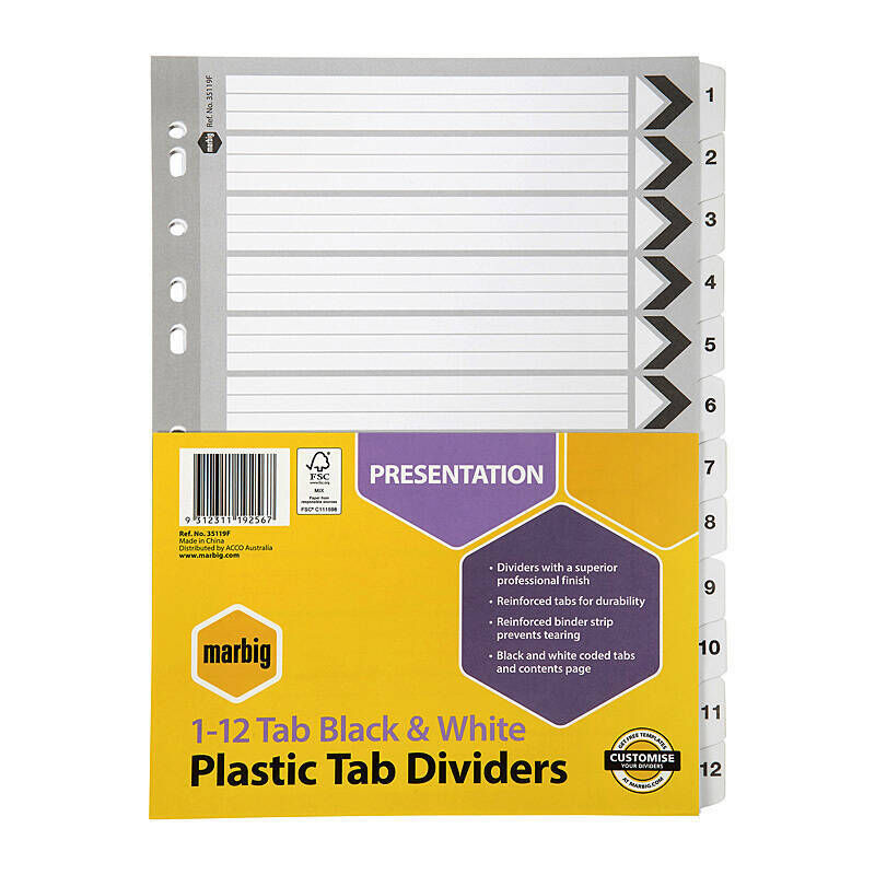 Marbig Divider Reinforced Brd Black/wh A4 1-12