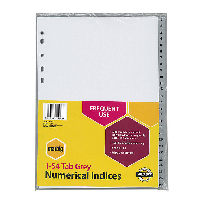 Marbig Indices Grey Polypropylene A4 1-54Tab