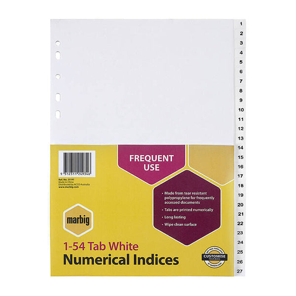 Marbig Indices White Polypropylene A4 1-54Tab