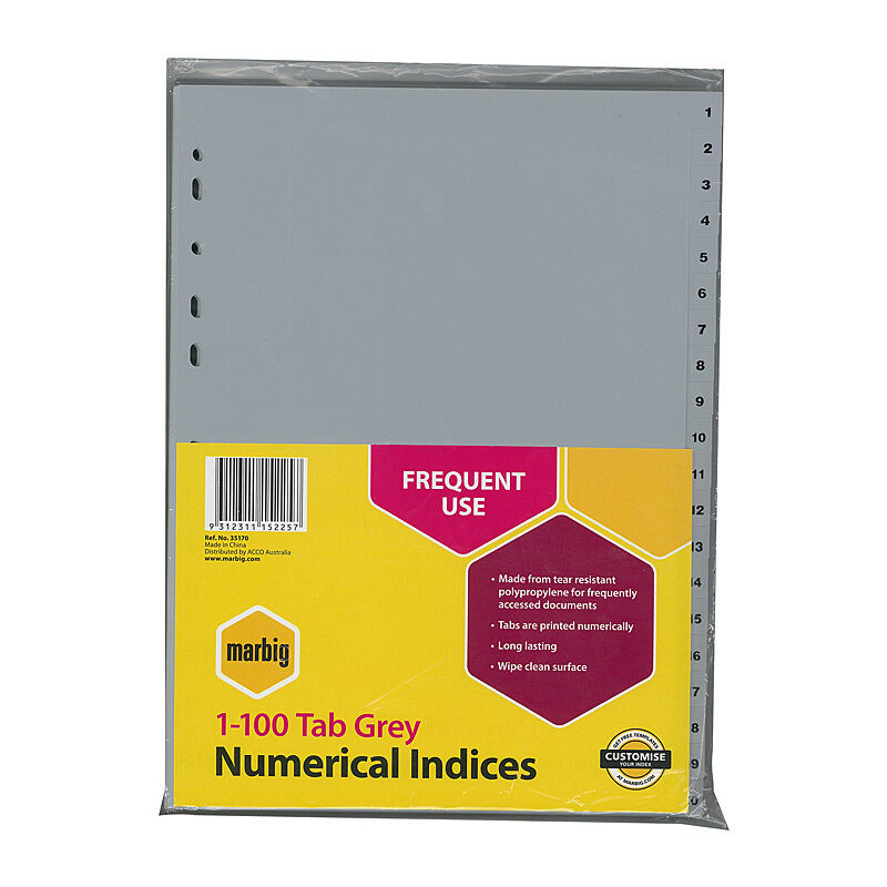 Marbig Indices Grey Polypropylene A4 1-100Tab
