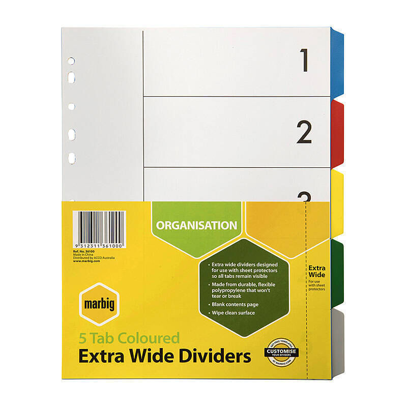 Marbig Dvdrs Xwide Colour Polypropylene A4 5Tab