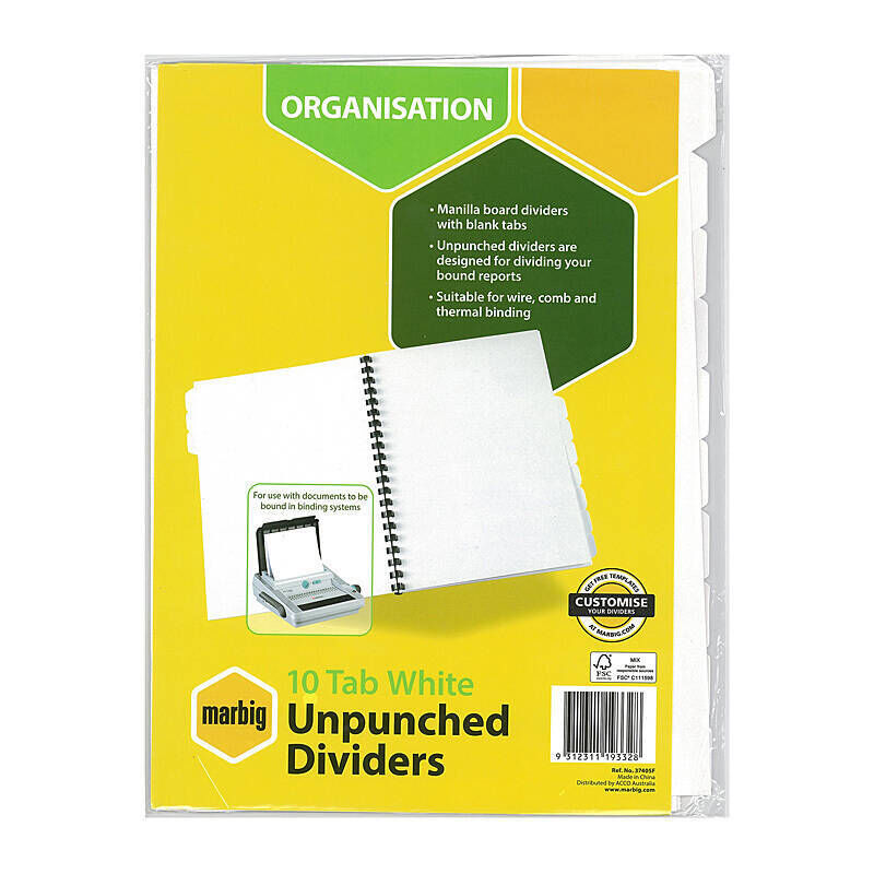 Marbig Divider Unpch White Mnla A4 10T