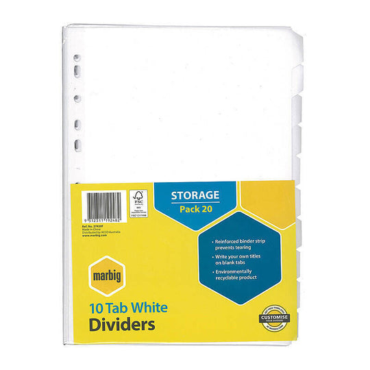 Marbig Divider White Mnla A4 10Tb Pack Of 20