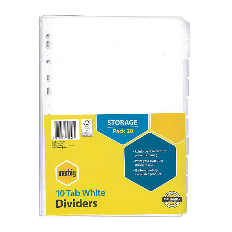 Marbig Divider White Mnla A4 10Tb Pack Of 20