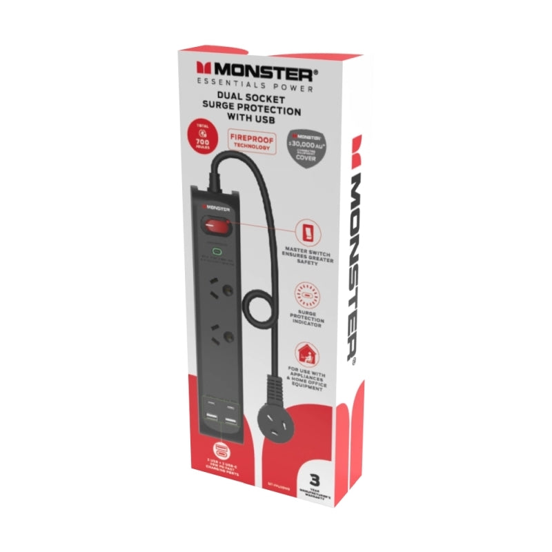 Monster 2-Port Surge+usb Black