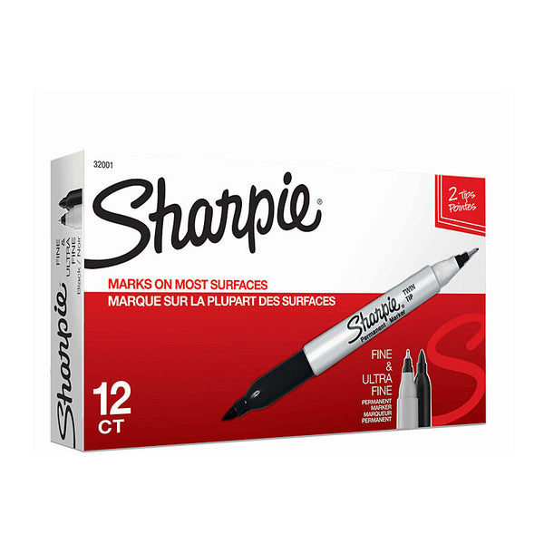 Sharpie Twin Tip Permanent Marker Black New Packaging Box Of 12