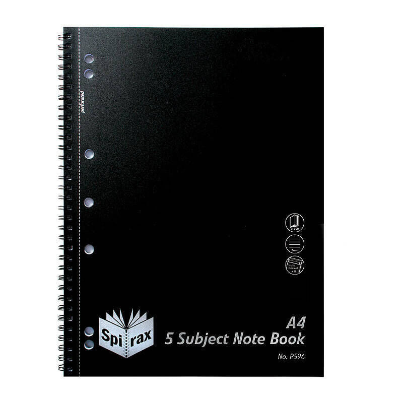 Spirax P596 Polypropylene 5Subject N/book A4 250P Black Side Opening Pack Of 5