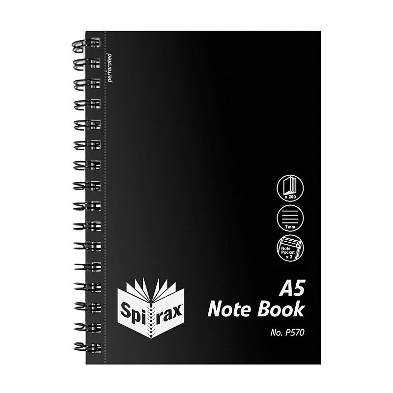 Spirax P570 Polypropylene Notebook A5 200 Page Black Side Opening Pack Of 5