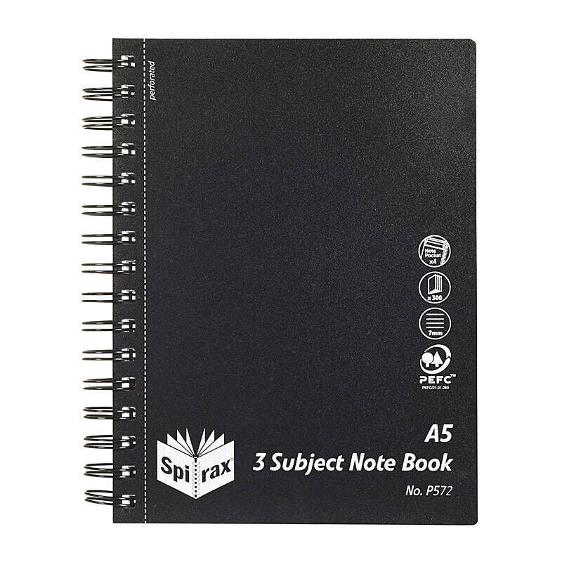 Spirax P572 Polypropylene 3 Subject Book A5 300P Black Side Opening Pack Of 5