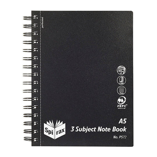 Spirax P572 Polypropylene 3 Subject Book A5 300P Black Side Opening Pack Of 5