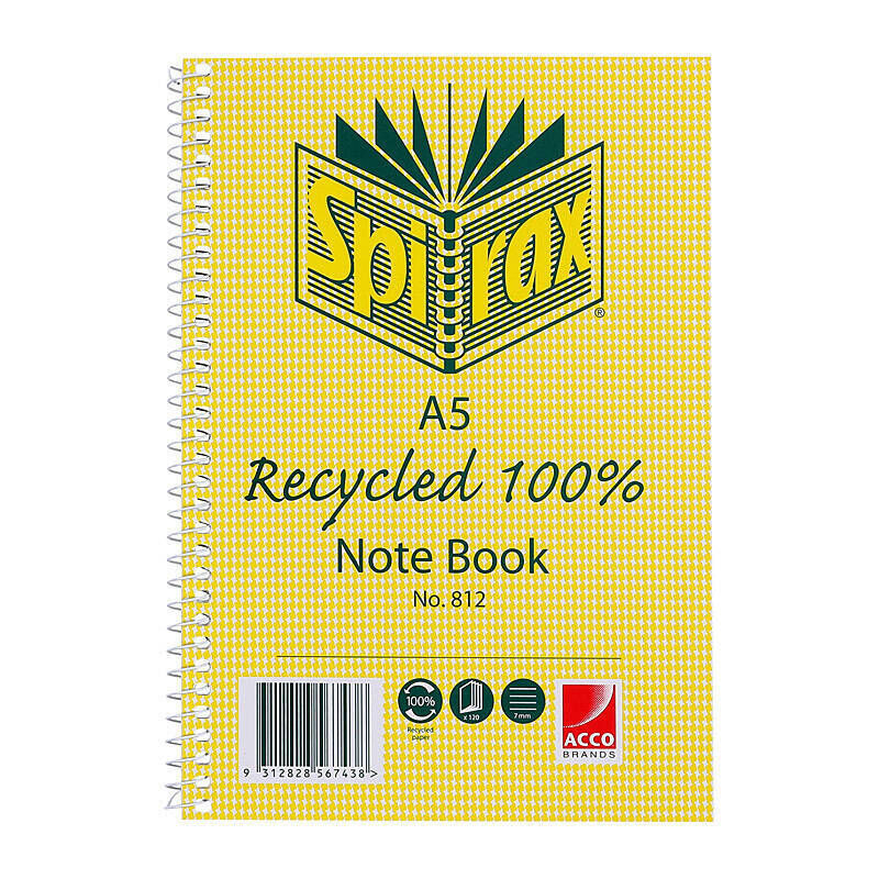 Spirax 812 Recycled Notebook A5 120 Page Pack Of 5
